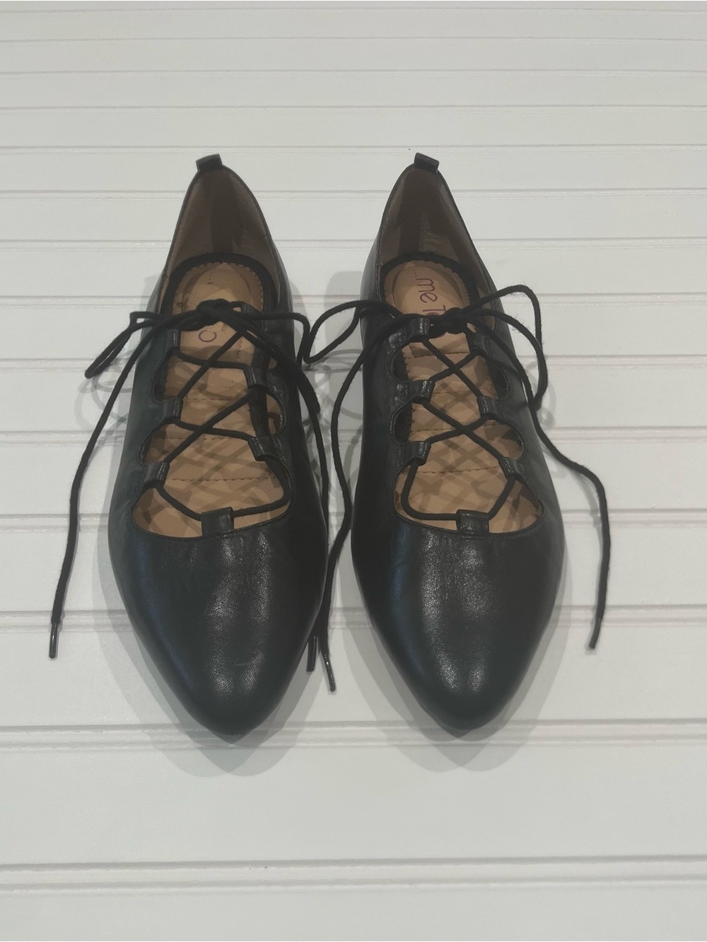 Me Too!, Black Lace-Up Pointed Toe Ballet Flats, Size 8